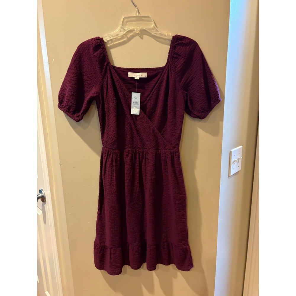 Loft Petite Plum Purple Seersucker Faux Wrap Puff Sleeve Mini Dress NWT 00P